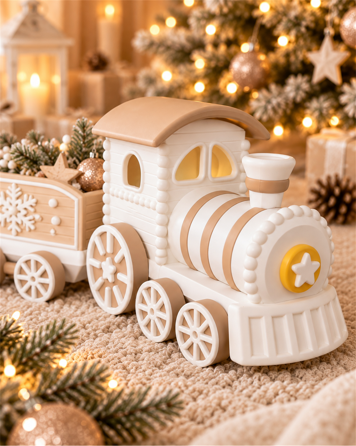 Detailfoto van de XXL North Pole Express in warme kerstsfeer.