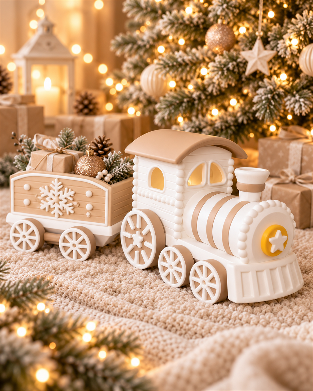 Sfeervolle productfoto van de XXL North Pole Express bij de kerstboom.