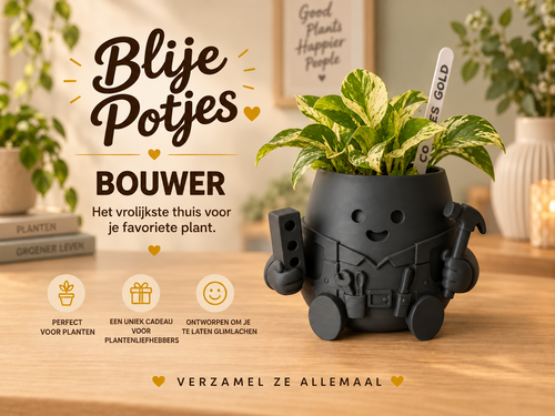 Blije Potjes Bouwer plantenpot met groene plant als speelse woondecoratie op een houten tafel.