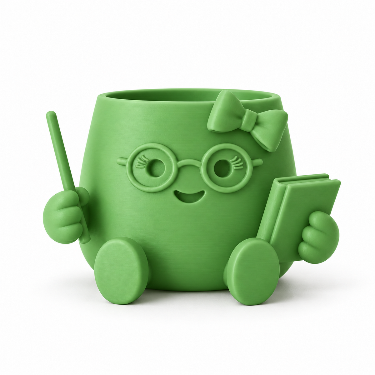 Groene Blije Potjes Juf plantenpot met bril, strik, boekje en aanwijstok op witte achtergrond.