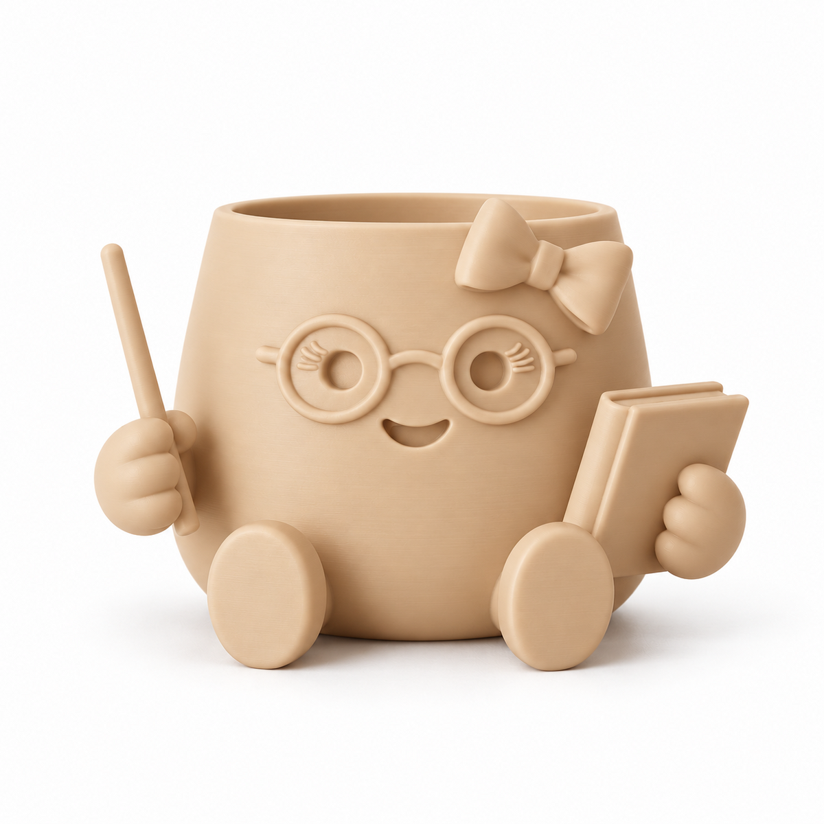 Latte Blije Potjes Juf plantenpot met bril, strik, boekje en aanwijstok op witte achtergrond.