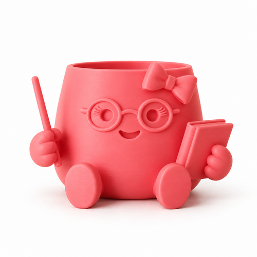 Roze Blije Potjes Juf plantenpot met bril, strik, boekje en aanwijstok op witte achtergrond.