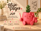 Roze Blije Potjes Juf plantenpot met groene plant als vrolijk cadeau voor een juf.