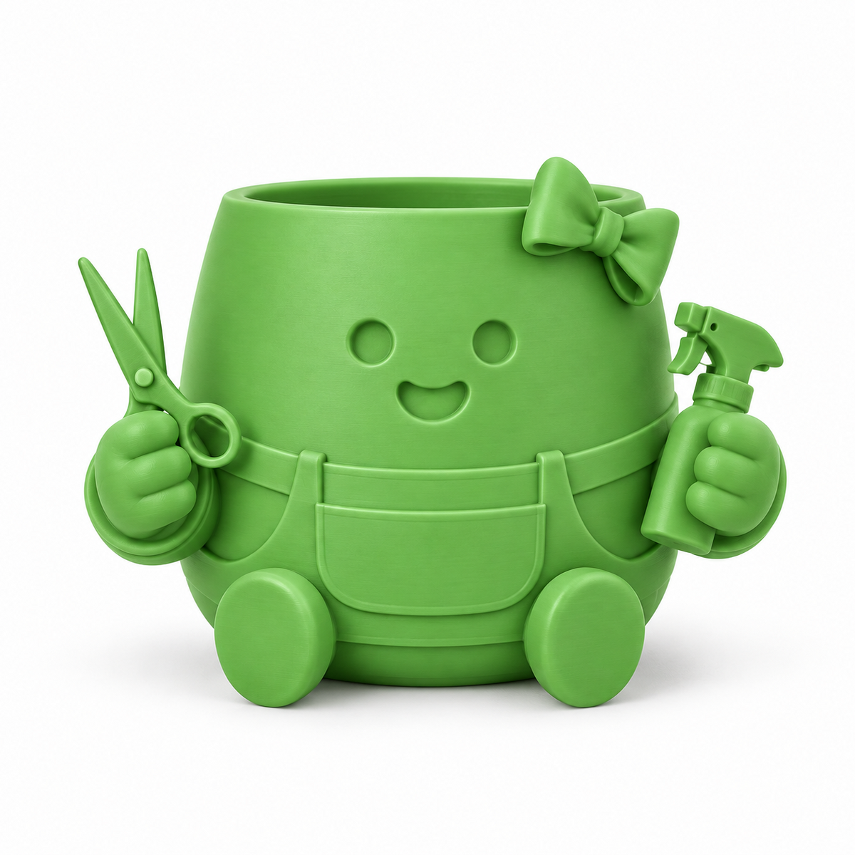 Groene Blije Potjes Kapster plantenpot met schaar, sprayfles, strik en schort op witte achtergrond.