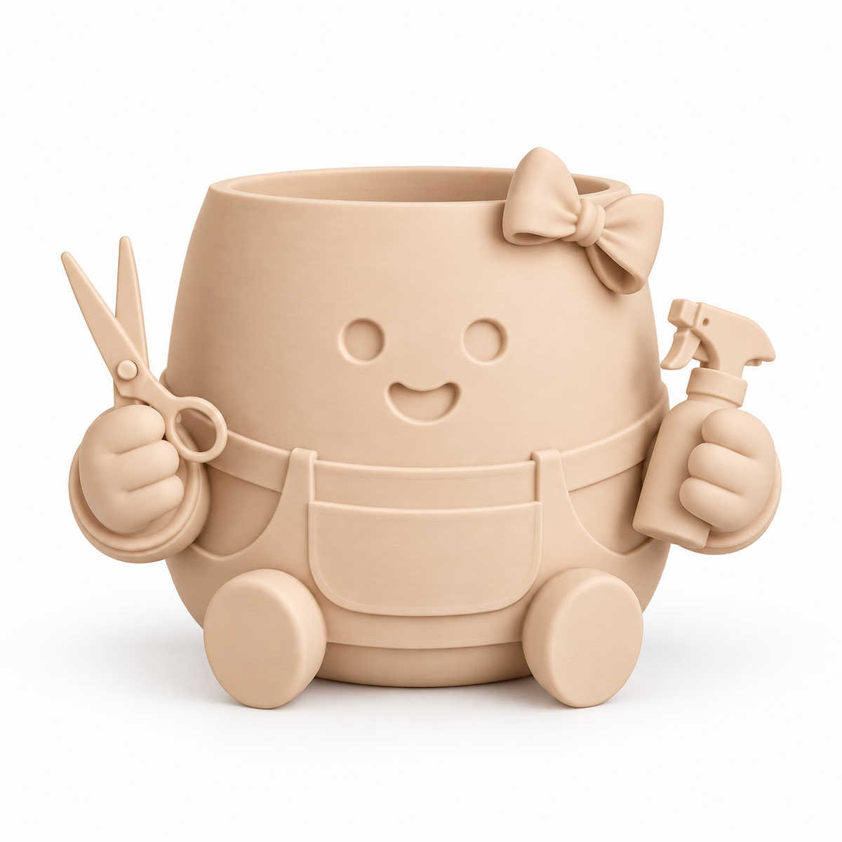 Latte Blije Potjes Kapster plantenpot met schaar, sprayfles, strik en schort op witte achtergrond.