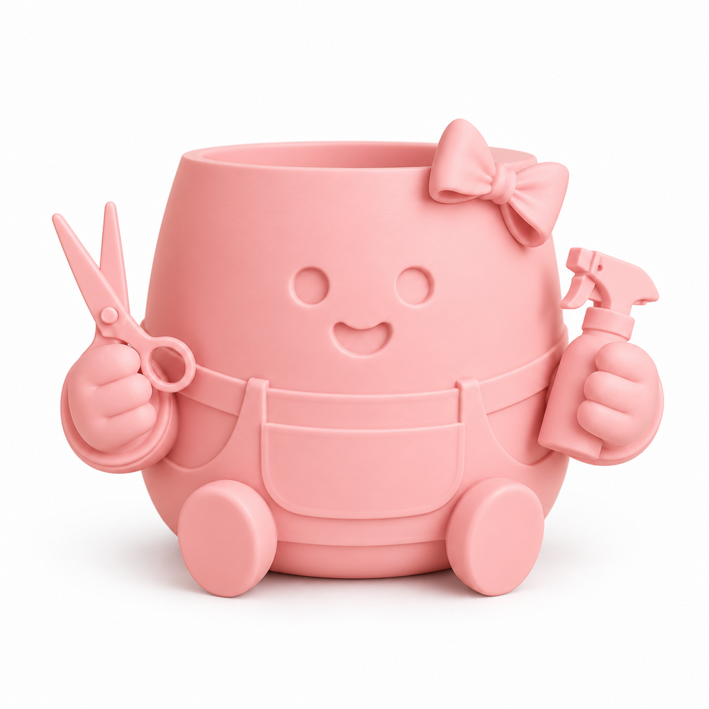 Roze Blije Potjes Kapster plantenpot met schaar, sprayfles, strik en schort op witte achtergrond.