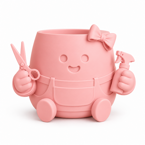 Roze Blije Potjes Kapster plantenpot met schaar, sprayfles, strik en schort op witte achtergrond.