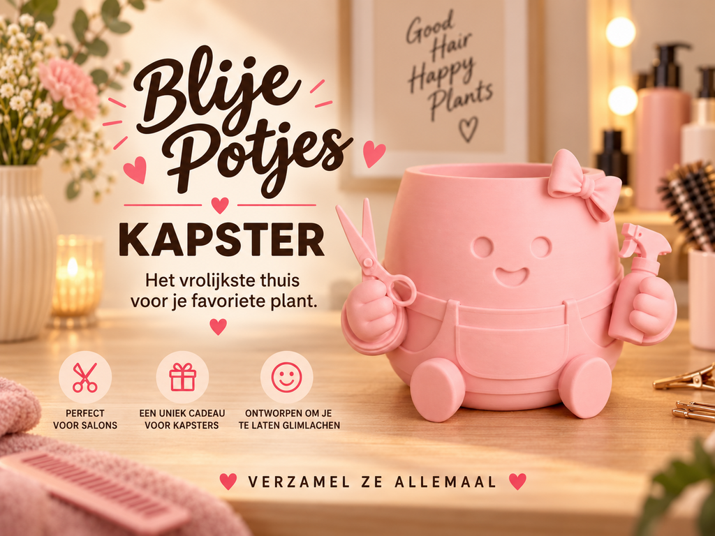 Roze Blije Potjes Kapster plantenpot in een kapsalon als vrolijk cadeau voor een kapster.