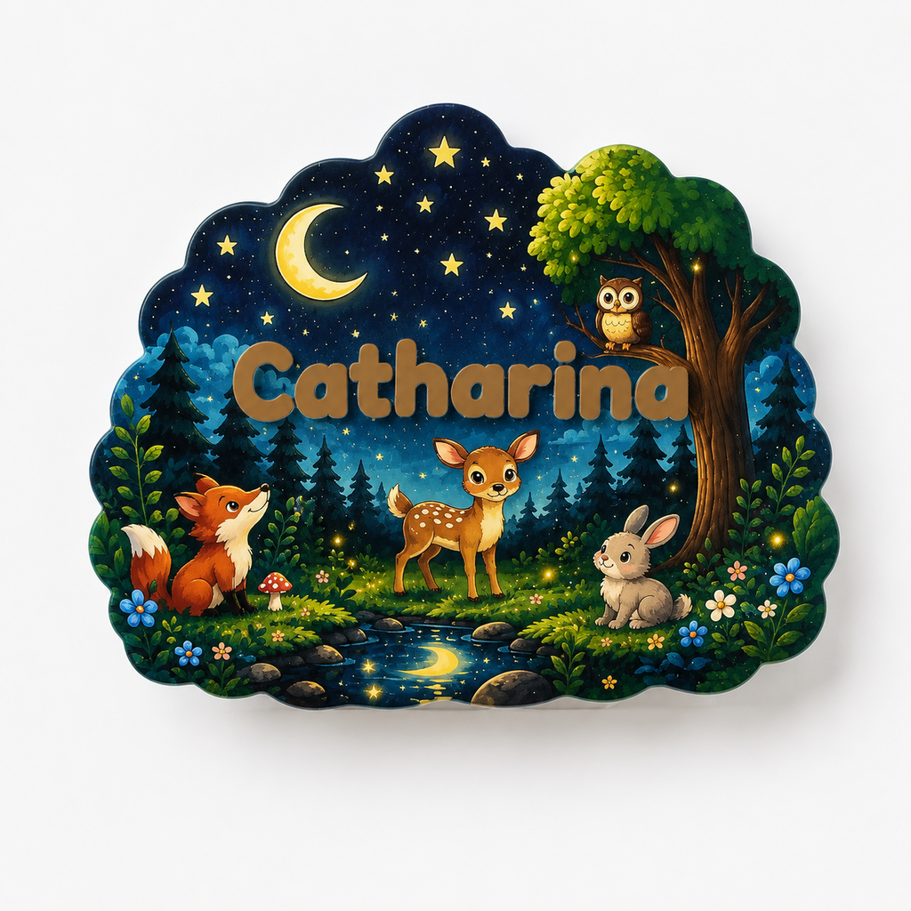 Bosdierenfront van de gepersonaliseerde kinderkamerlamp met naam Catharina, lamp uit.