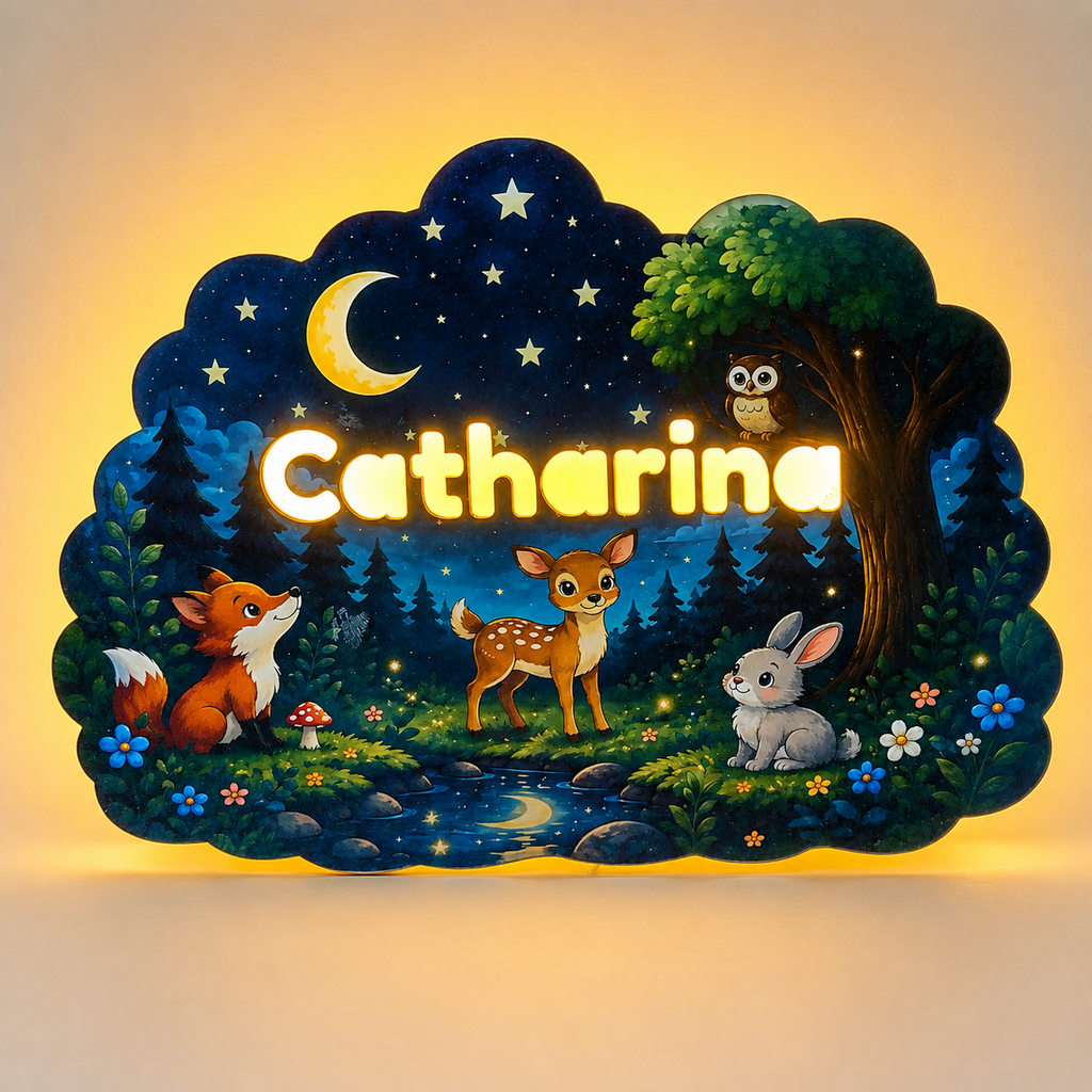 Gepersonaliseerde kinderkamerlamp met naam Catharina en bosdierenthema, verlicht met warme halo.