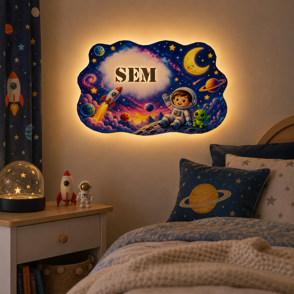 Gepersonaliseerde ruimte kinderkamerlamp met naam Sem als sfeervolle wandlamp naast een kinderbed.