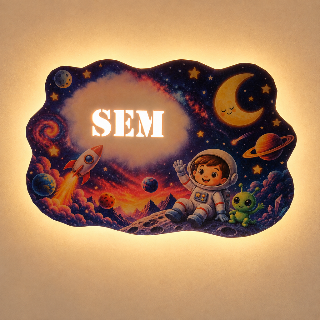 Gepersonaliseerde kinderkamerlamp met naam Sem en ruimtethema met raket, planeten en warme verlichting.