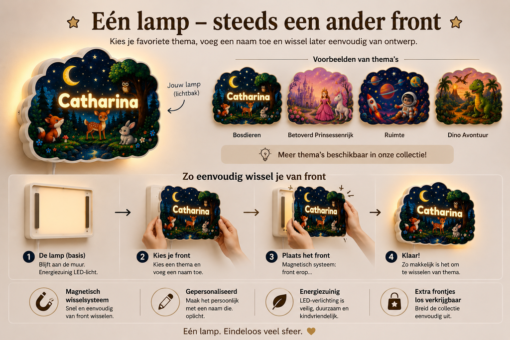 Eén lamp met meerdere verwisselbare frontjes voor de gepersonaliseerde kinderkamerlamp
