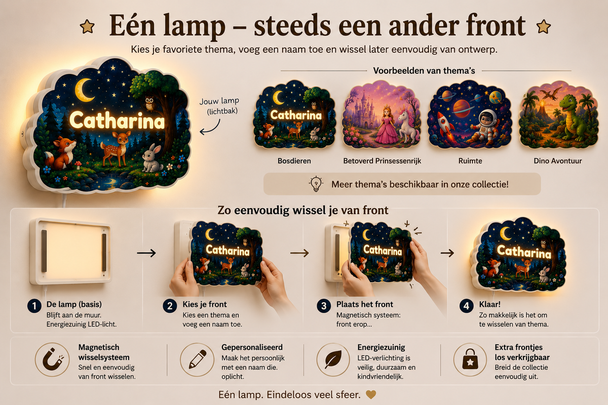 Eén lamp met meerdere verwisselbare frontjes voor de gepersonaliseerde kinderkamerlamp