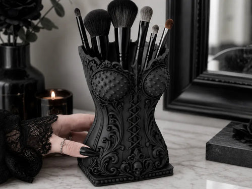 Zwarte gothic corset make-upkwastenhouder met make-upkwasten