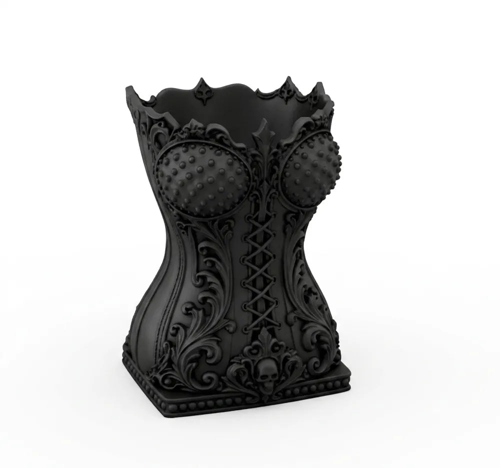 Zwarte make-upkwastenhouder in de vorm van een gothic corset