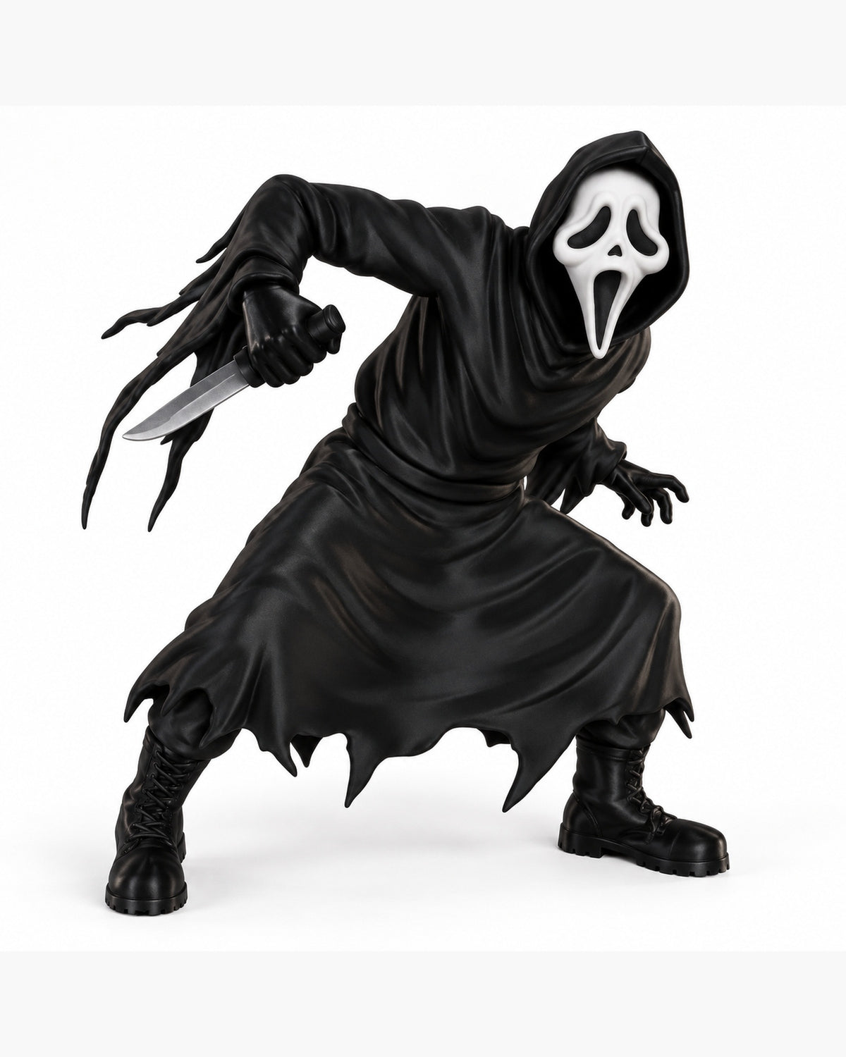 Groot Halloween horrorfiguur met zwart gewaad, wit masker en mes op lichte achtergrond.