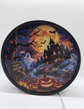Ronde Halloween lichtbak van circa 27 cm met geprint acrylaat en zwarte rand.