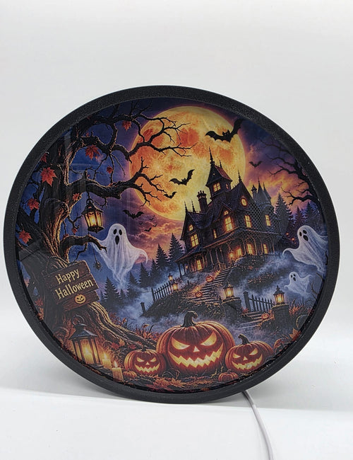 Ronde Halloween lichtbak van circa 27 cm met geprint acrylaat en zwarte rand.