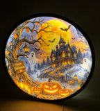 Ronde Halloween lichtbak met warm 5 volt LED-licht, pompoenen, spoken en spookhuis.