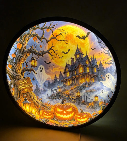Ronde Halloween lichtbak met warm 5 volt LED-licht, pompoenen, spoken en spookhuis.