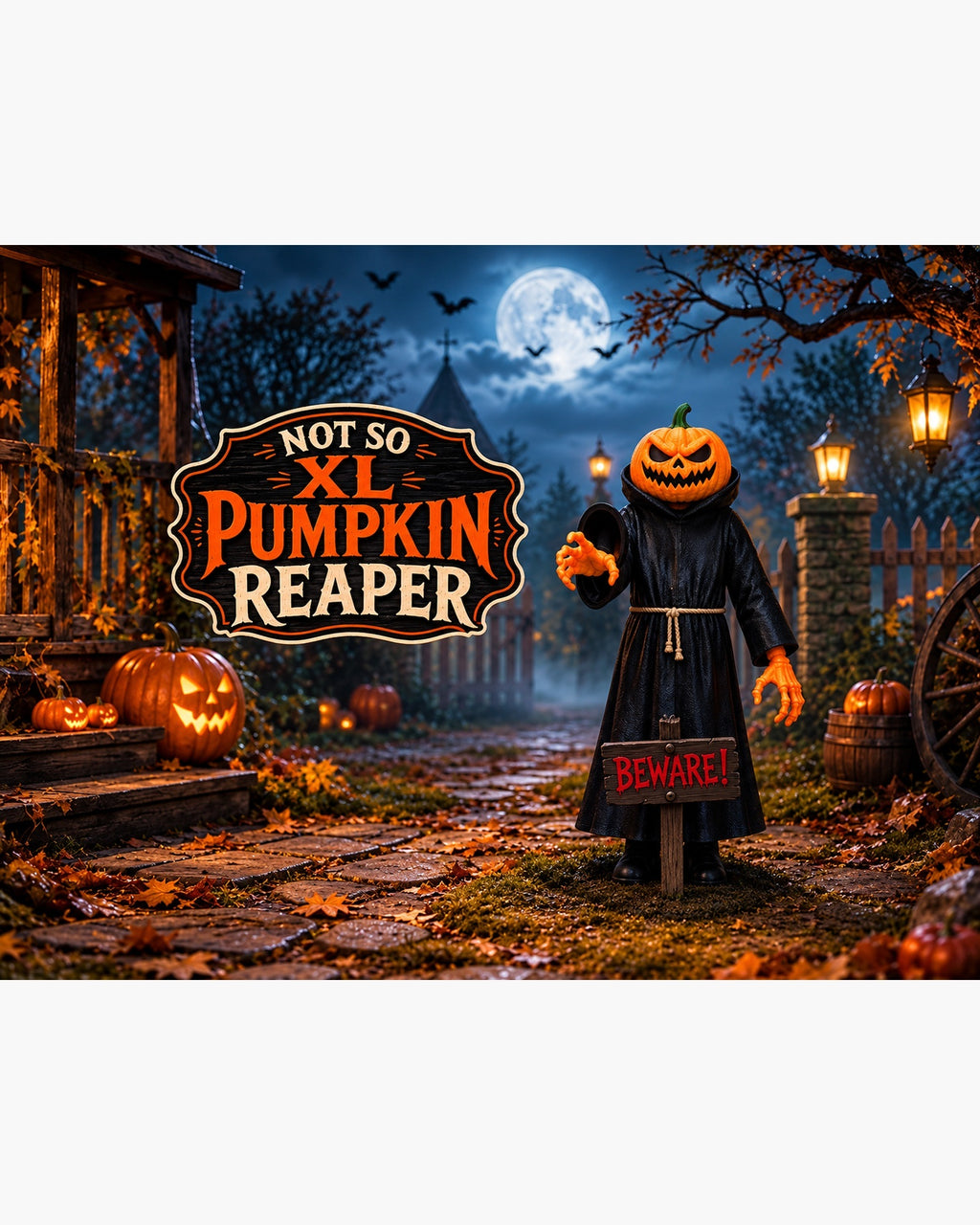 Halloween Pumpkin Reaper XL in sfeervolle Halloween-setting met pompoenen en maanlicht.