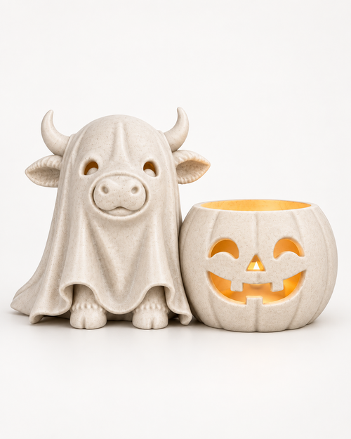 Naturelkleurige Halloween decoratie met Hooglander in spookkostuum en pompoen op lichte achtergrond.