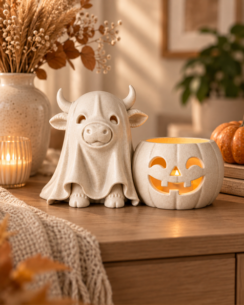 Hooglander spook en pompoen als warme Halloween tafeldecoratie in een sfeervol interieur.