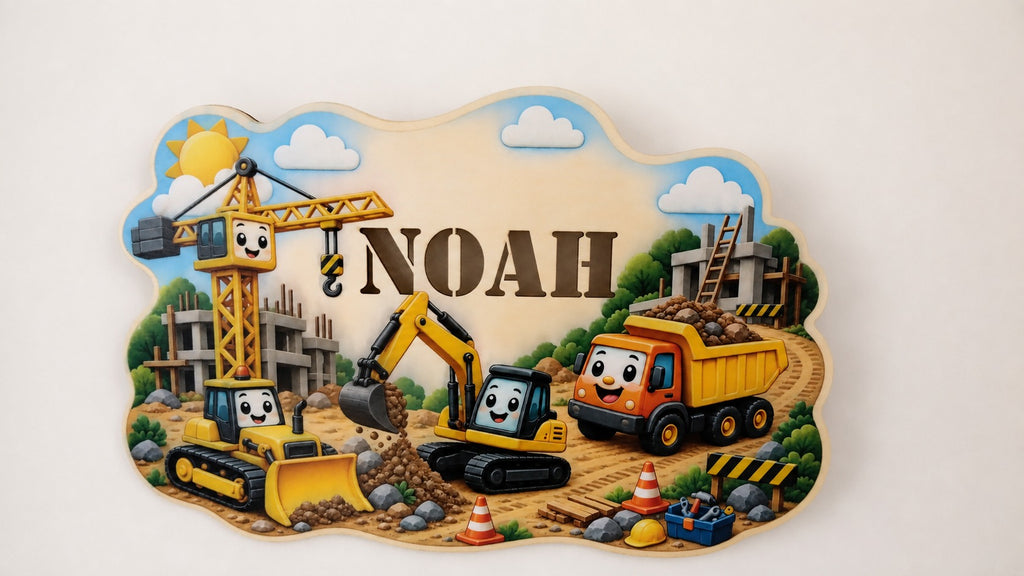 Gepersonaliseerd bouwplaats-front met naam Noah voor de Koers Design kinderkamerlamp.