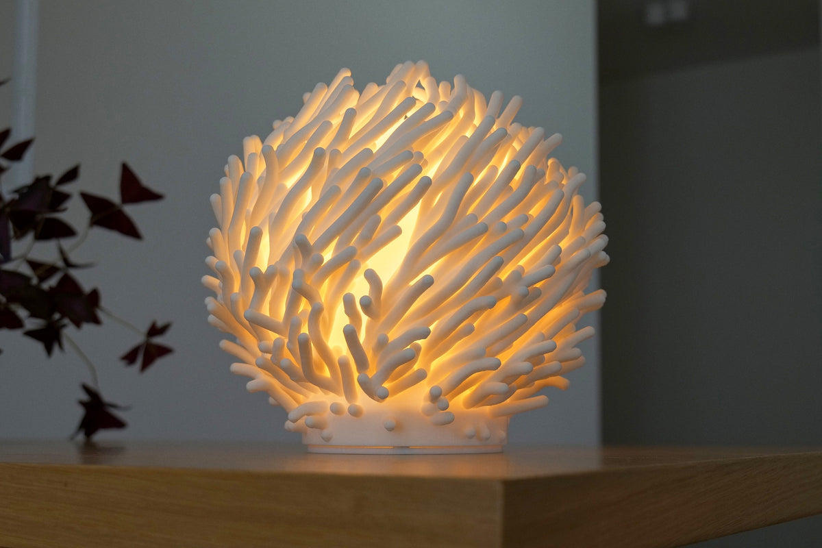 Witte Koraal design tafellamp brandend op een houten meubel.