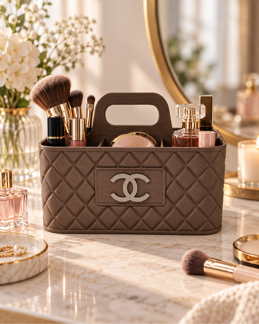 Make-up organiser op een luxe kaptafel met kwasten, parfum en beautyproducten.