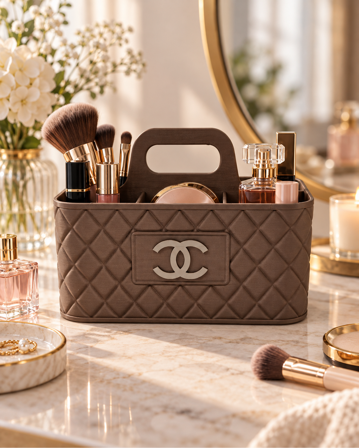 Make-up organiser op een luxe kaptafel met kwasten, parfum en beautyproducten.