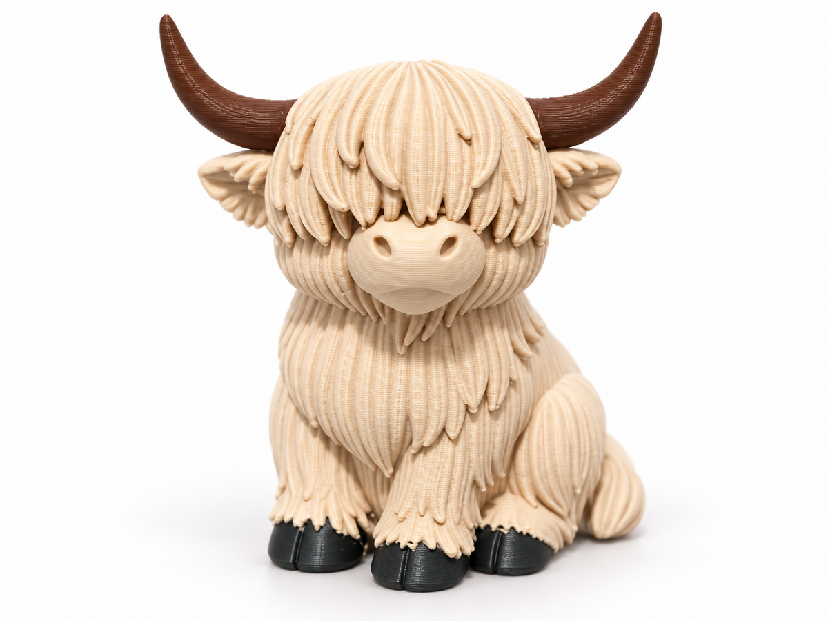 Schotse hooglander beeldje in latte met bruine hoorns en zwarte hoeven op witte achtergrond.