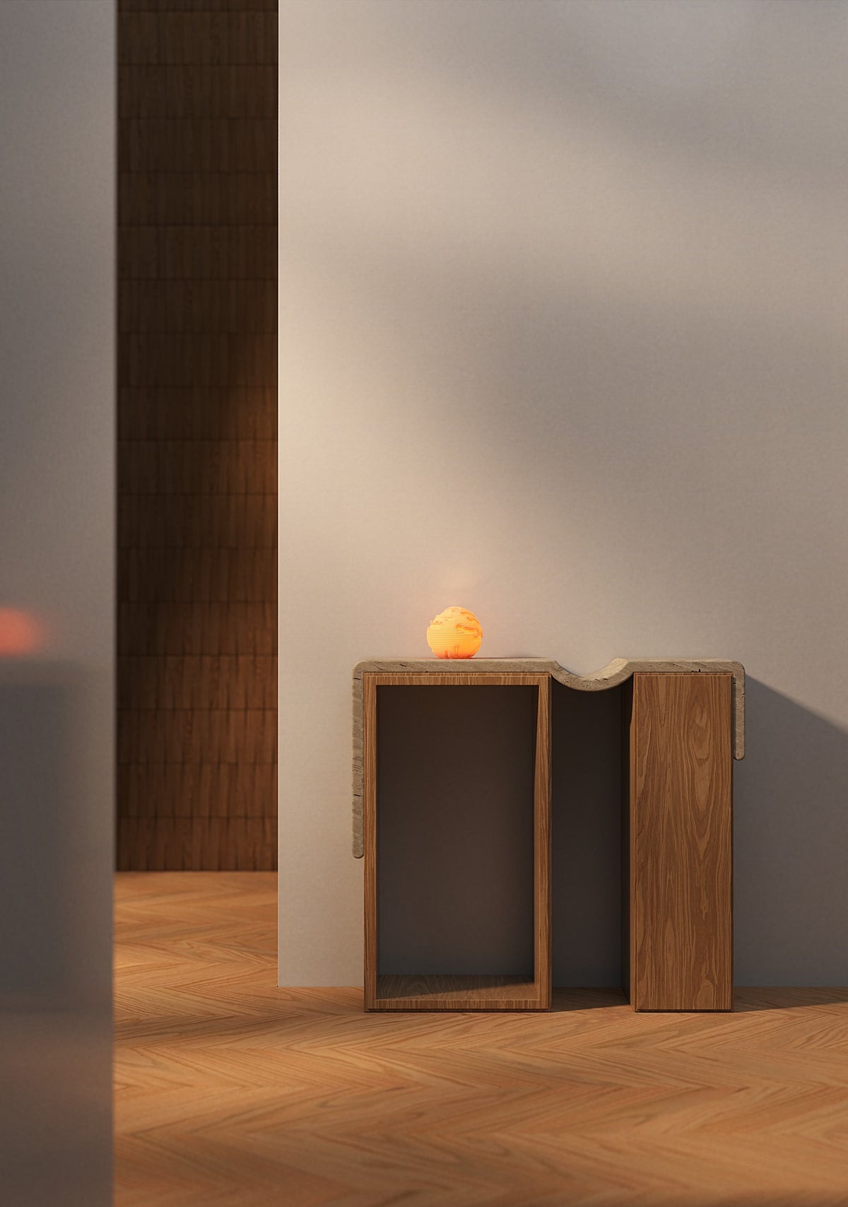 Strata mini designlamp met geïntegreerde LED in een modern interieur.