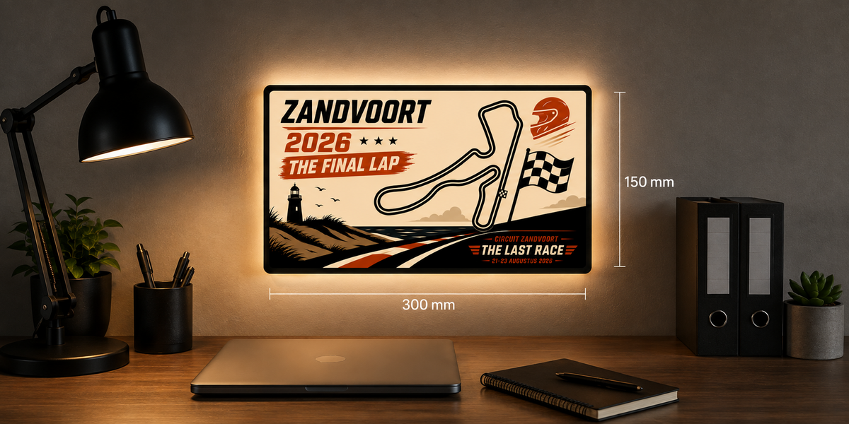 Zandvoort 2026 lichtbak met afmetingen van circa 300 bij 150 millimeter.