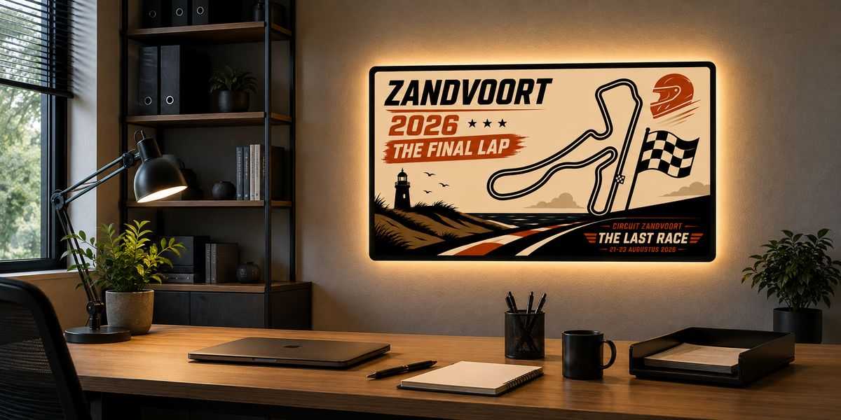 Zandvoort 2026 race lichtbak als verlichte wanddecoratie in een kantoor.