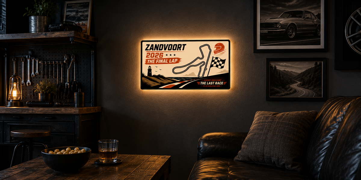 Zandvoort 2026 race lichtbak The Final Lap verlicht in een mancave.